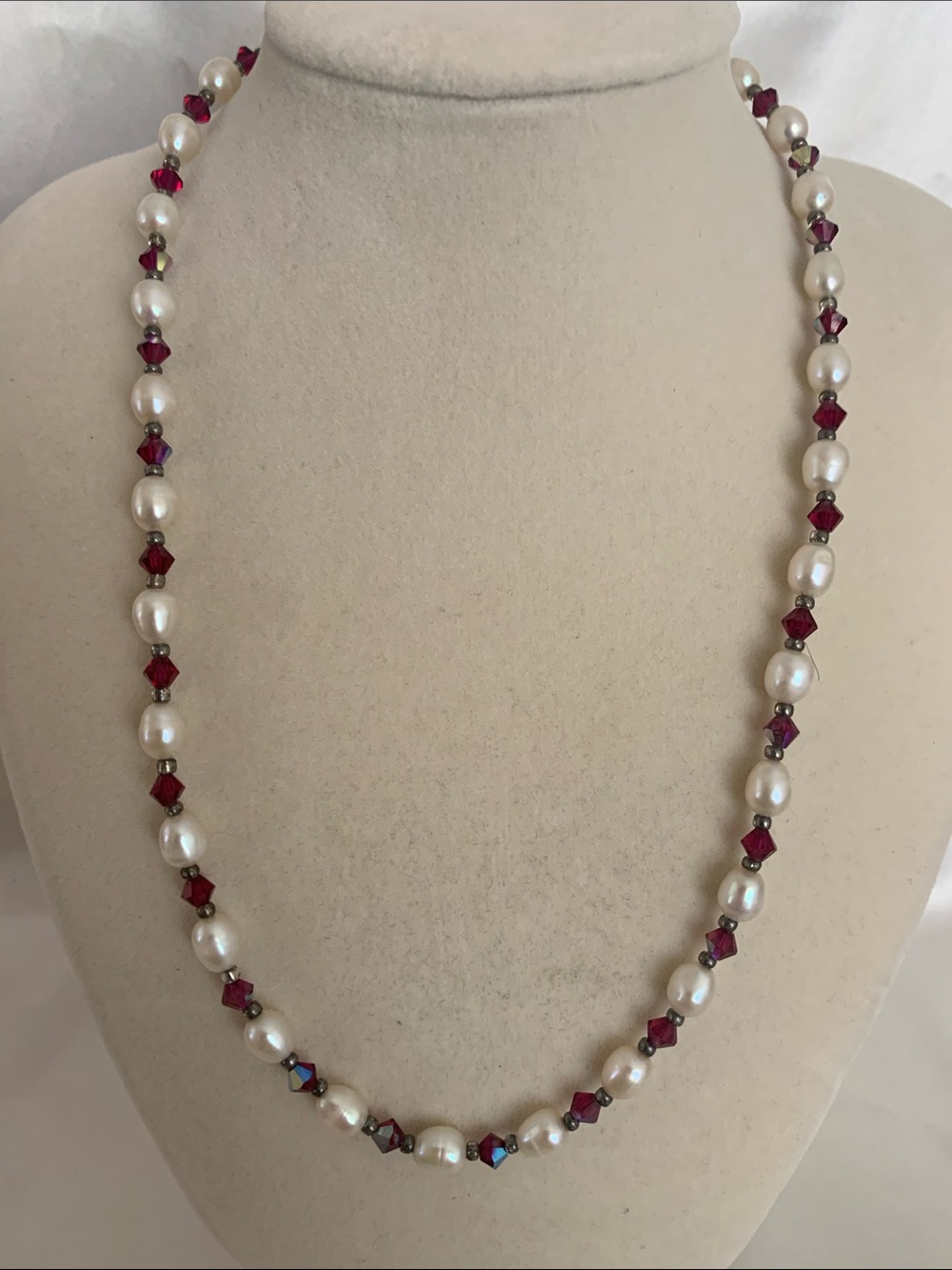 Vintage Delicate Freshwater Pearl Necklace with Deep Red Crystal Accents